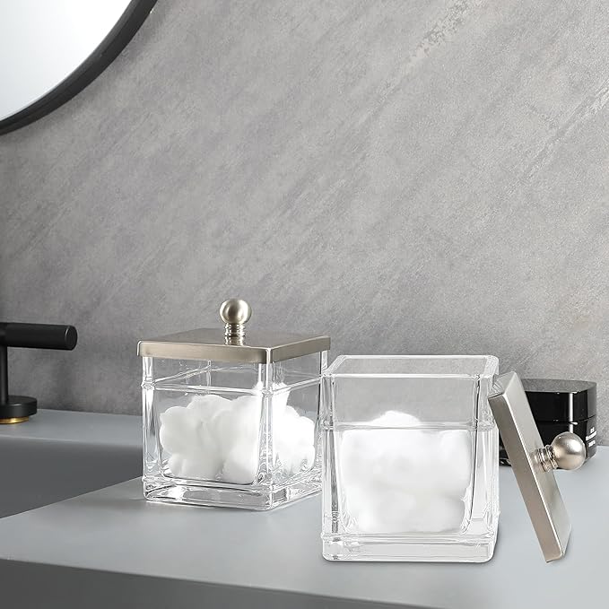 Indecor Home Glass Cotton Jar Holder 2 Pack– Satin Nickel Lid, Elegant Bathroom Storage Canister for Qtips, Cotton Balls, Floss, Makeup Organizer, Vanity & Bathroom Organization