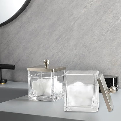 Indecor Home Glass Cotton Jar Holder 2 Pack– Satin Nickel Lid, Elegant Bathroom Storage Canister for Qtips, Cotton Balls, Floss, Makeup Organizer, Vanity & Bathroom Organization