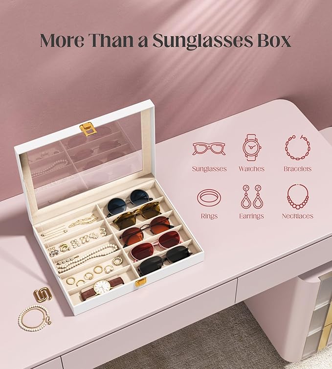 sensok Sunglasses Organizer Storage Box - 10 Slots Eyeglass Display Case for Multiple Pair Glasses, Sunglass Holder with Clear Glass Lid, Jewelry and Watch Collection Box for Women and Men, White