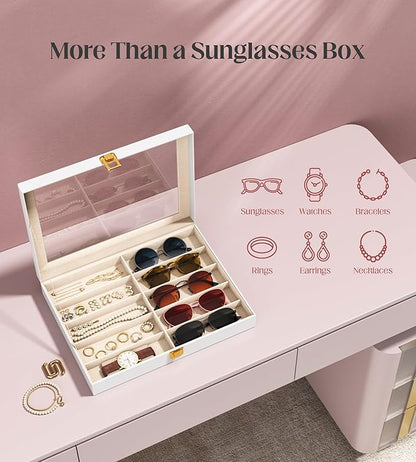 sensok Sunglasses Organizer Storage Box - 10 Slots Eyeglass Display Case for Multiple Pair Glasses, Sunglass Holder with Clear Glass Lid, Jewelry and Watch Collection Box for Women and Men, White