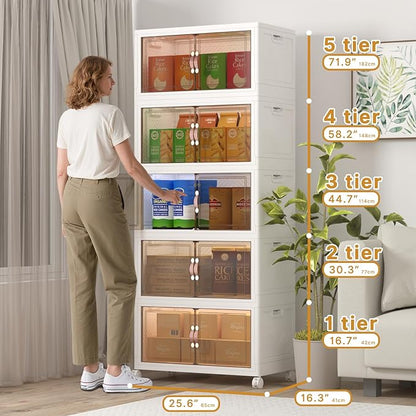 Extra Large Stackable Storage Bins, Lockable Storage Bins with Lids, Folding Storage box with Doors and Wheels, Collapsible Plastic Drawers for Home, Garage, Office (5, White, Large)