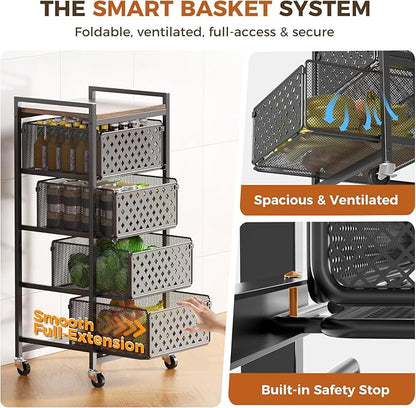 5 Tier Kitchen Storage Cart with Wheels, Utility Fruit Vegetable Storage Rack Stand with Pull-Out Baskets & Wood Top, Metal 4-Drawers Rolling Snack Cart, Kitchen Cart for Potato Onion(Black)