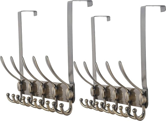 Dseap Over The Door Hook Hanger - Fits 1 3/8" to 1 3/4" Standard Doors | 5 Tri Hooks Heavy Duty Towel/Coat Rack | Door Organizer for Clothes, Jackets, Hats, Towels, Bronze, Pack of 2
