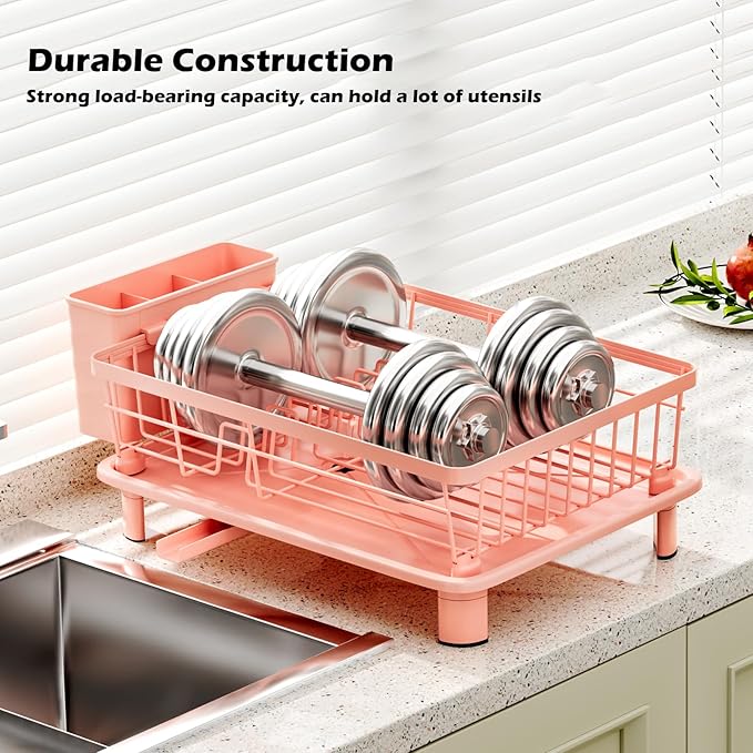 BULIJUJU Small Dish Drying Rack, Space Saving Dish Racks for Kitchen Counter, Kitchen Organizer Dish Drainer with Cutlery Holder for Spoons and Forks, 11''W x 15''L, Pink