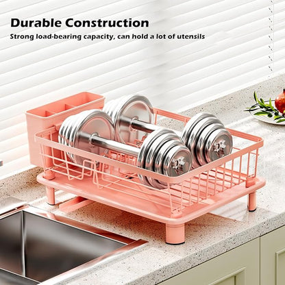 BULIJUJU Small Dish Drying Rack, Space Saving Dish Racks for Kitchen Counter, Kitchen Organizer Dish Drainer with Cutlery Holder for Spoons and Forks, 11''W x 15''L, Pink