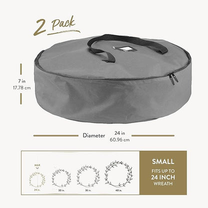 ZOBER 2 Pack Oxford Christmas Wreath Storage Container 24 Inch - Wreath Bag for Artificial Wreaths Box - Waterproof Fabric, Dual Zippered Wreaths Storage Bag With Strong Durable Handles - Gray