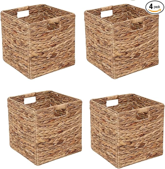 Set of 4 Storage Baskets Wicker Cube Baskets Foldable Handwoven Water Hyacinth Laundry Organizer,10.5 * 10.5 inches Woven Baskets, Wicker Storage Basket, Water Hyacinth Storage Baskets (4)