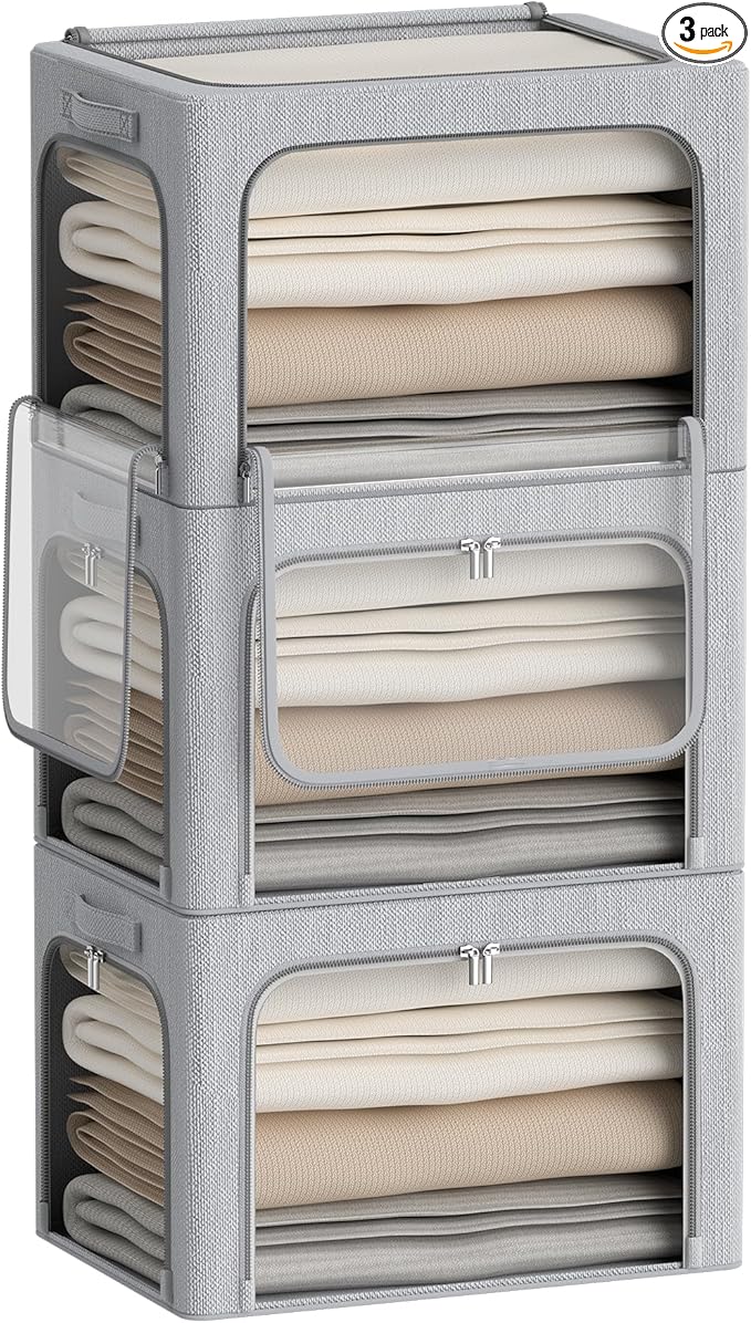 CYhom 3Pack Classic Stackable Foldable Storage Bin - Metal Frame Storage Box with Clear Window, Carry Handles (66L-19.7x15.7x13in, Light Grey)