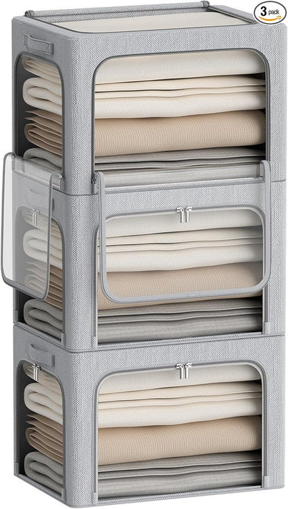 CYhom 3Pack Classic Stackable Foldable Storage Bin - Metal Frame Storage Box with Clear Window, Carry Handles (66L-19.7x15.7x13in, Light Grey)