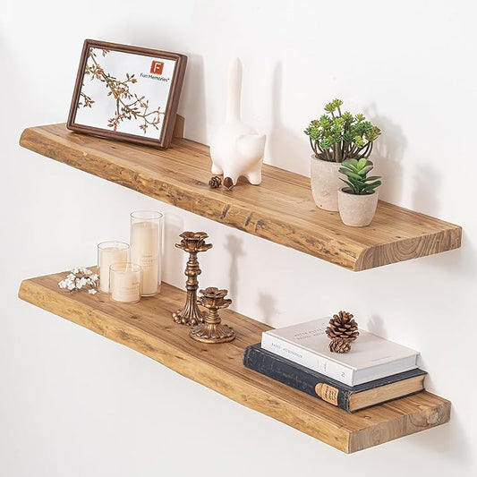 Fun Memories Floating Shelves for Wall Decor, Rustic Solid Elm Wood Live Edge Floating Shelves Wall Mounted, Heavy-Duty Shelf with Invisible Bracket for Living Room Kitchen, 36 Inch Set of 2, Natural