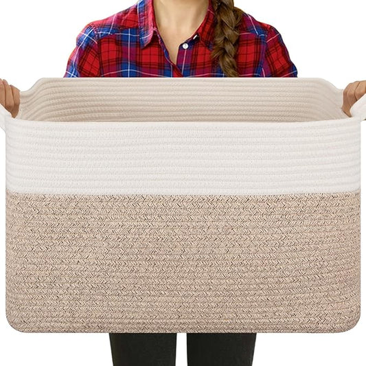 Blanket Basket for Living Room, Cotton Rope Basket for Storage, Toy Baskets Bin for kids, Woven Baskets with Handles for Clothes, Towels, Pillows, 20" x 16" x 12", Brown and White
