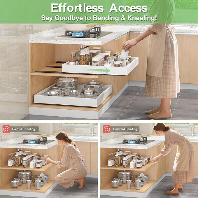 Expandable Pull-Out Cabinet Organizer - White, 21" D x Adjustable Width 12.6-20.47", No Drill Adhesive Installation with 3-Slide Rails for Kitchen Storage (2 Pack)