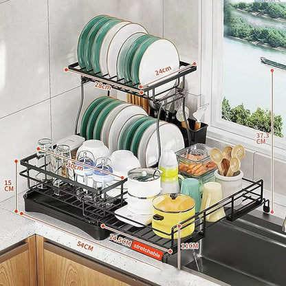 Expandable Dish Drying Rack–Adjustable Single or 2 Tier Dish Rack System,Double Dish Drainer,Large Capacity,2-in-1 Anti-Rust Stainless Steel Dish Rack for Kitchen Counter and Sink (2 Tier Expandable)