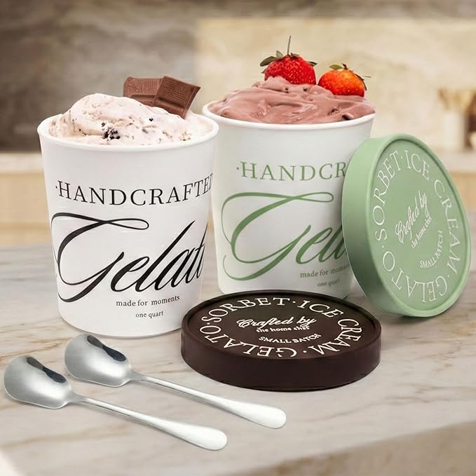 Set of 2 Ice Cream Containers, 1 Quart Each Reusable Freezer Storage for Homemade Gelato, Sorbet & Frozen Yogurt, 2 Spoons Included, Stackable Containers with Silicone Lids BPA Free