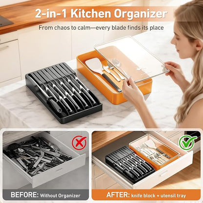 MAD SHARK 2-in-1 Detachable Knife Block & Silverware Organizer, Drawer Knife Holder for 10 Knives, BPA-Free, Blade-Safe Slots, Save Counter Space, Kitchen Drawer or Counter Storage, No Knives