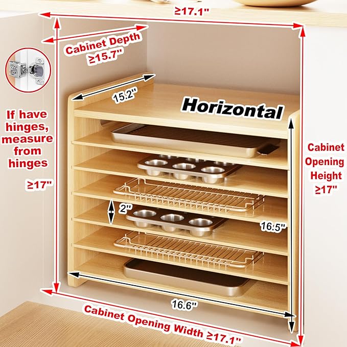 Sawjut 7 Tier Wooden Cookie Sheet Organizer for Cabinet Pot, Pans, Baking Tray Organizer for Kitchen Documents Storage(16.6" W x 16.5" H x 15.2" D)