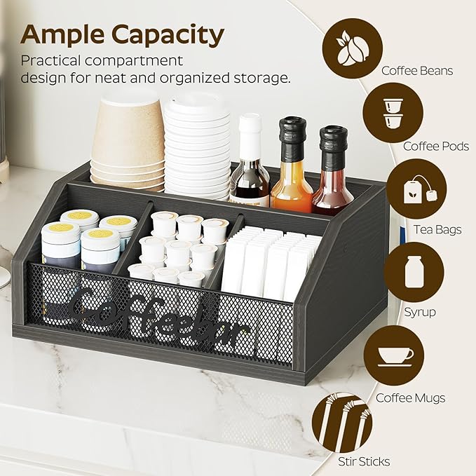 Coffee Bar Organizer, Wooden Coffee Pod Organizer for Countertop, Versatile Pod Holder with Dividers, Holds Syrup, Cups, Tea Bags, Easy Assembly, Black KH11BB