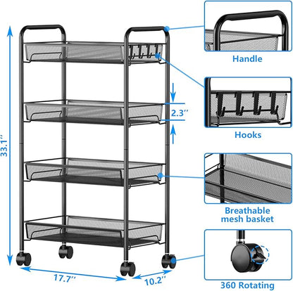 OVICAR 4 Tier Mesh Wire Rolling Cart, Kitchen Storage Organizer Utility Cart, Full Metal Basket Storage Art Trolley Carts with Wheels & 4 Side Hooks