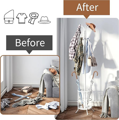 FILWH Coat Rack Freestanding with Umbrella Stand with 12 Hooks Metal Coat Tree Coat and Hat Hanger Jacket Entryway Coat Rack (White)