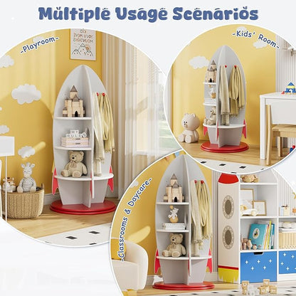 Rocket Kids Bookshelf, Space Themed Toy Storage Organizer with Coat Hooks, 360° Rotating Children's Bookcase for Playroom, Bedroom, Nursery