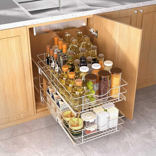 2 Tier Pull Out Cabinet Organizer,(20½"W x 22" D) Soft Close Slide Out Drawer For Kitchen Base Cabinet, Individual Pull Out Shelf, Roll Out Pantry Organization, 22 Inch Deep