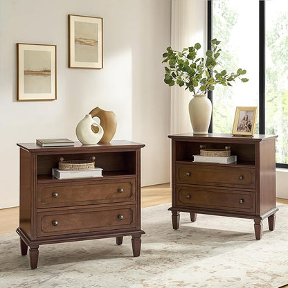 HULALA HOME Farmhouse End Table with Charging Station Set of 2, End Table with USB Ports & Outlets, Fluted Pilasters Design Side Table with Open Space and 2 Drawers Dresser for Living Room, Walnut