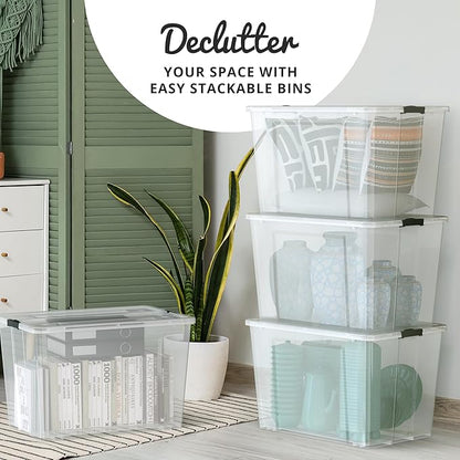 Lifetime Appliance Parts 4 PACK 97 Qt. Plastic Storage Bin Tote Organizing Container with Ultra Durable Lid & Secure Latching Buckles Stackable Extra Strength Clear w/Black Handle