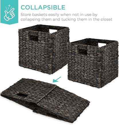 Best Choice Products 10.5x10.5in Pack of 5 Cube Storage Baskets, Water Hyacinth Multipurpose Collapsible Organizers, Handwoven Laundry Totes for Laundry, Living Room, Kids Room & Nursery - Black