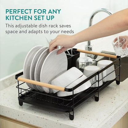 Navaris Expandable Dish Rack - Adjustable Draining Board for Drying Dishes - Removable Plates and Cutlery Holder - Kitchen Sink Washing Up Drainer with Plug and Drip Tray - Black