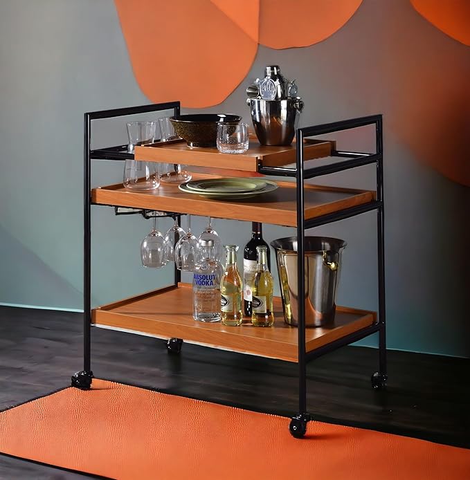3-Tier Rolling Bar Cart, Honey Oak & Black Metal Frame, 29W x 14D x 33H inches