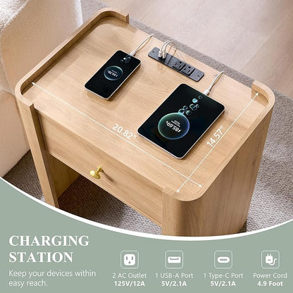 IFGET 23.6" Tall Modern Nightstand with Charging Station, 22" Wide Curved Bedside Table with 1 Storage Drawer, Wooden Night Stand, Large End Table for Bedroom, Living Room, Natural