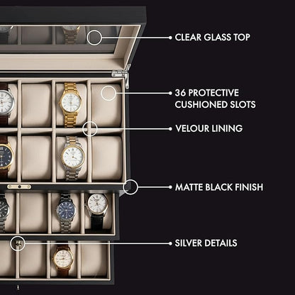 Bey-Berk Custom Personalized Watch Box Organizer - 36 Slot Luxury Solid Wood Designer Display, Large Watch Slots