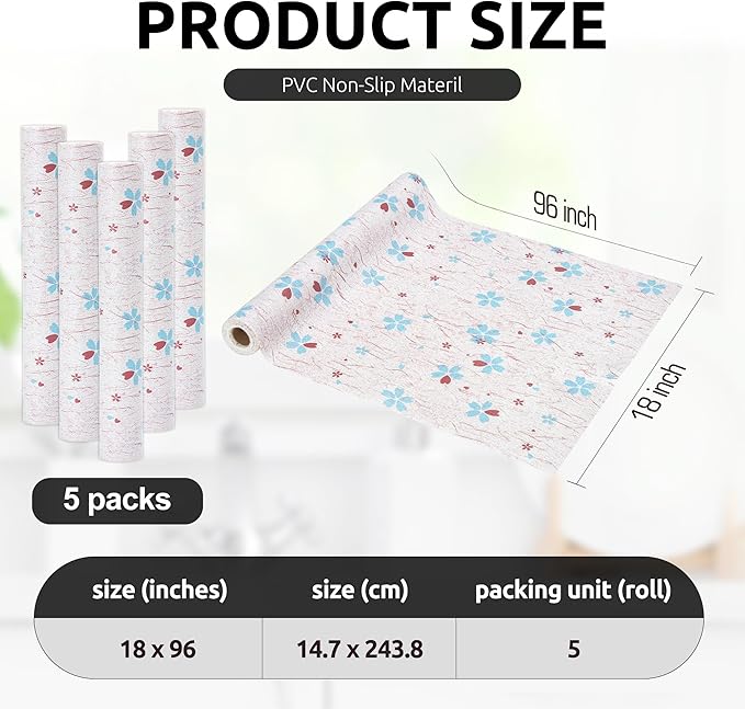 RAY STAR 18X96 Inch Shelf Liner for Kitchen Cabinets, Non-Adhesive Cabinet Liner Washable, PVC Drawer Liner for Dresser Non-Slip Bathroom (Blue-Floral)(5 Roll)