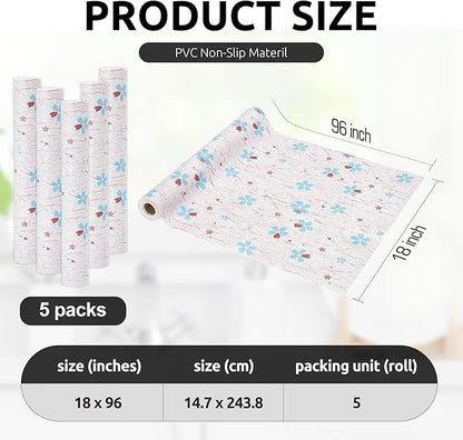 RAY STAR 18X96 Inch Shelf Liner for Kitchen Cabinets, Non-Adhesive Cabinet Liner Washable, PVC Drawer Liner for Dresser Non-Slip Bathroom (Blue-Floral)(5 Roll)