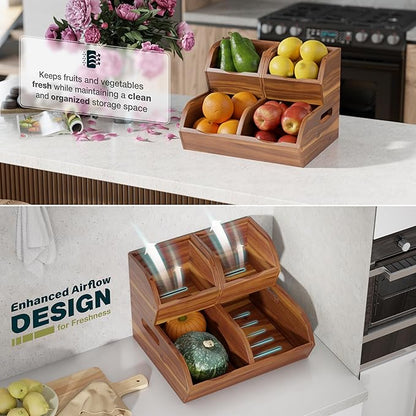 Acacia Wood Pantry Storage Bins – Stackable Open Front Kitchen Baskets for Potato, Onion, Fruit, Bread & More – Rustic Wooden Basket for Pantry - Easy Assembly with Tools & Hardware Included