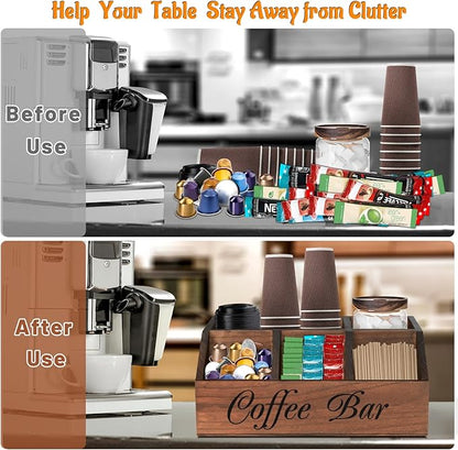 ugiftt Coffee Station Organizer for Counter, Wood Coffee Pods Holder Storage Basket, Tea Condiment Storage Organizer, Rustic Coffe Bar Decor for Accessories