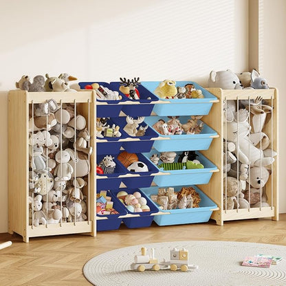 Large Toy Storage Organizer, Wooden Stuffed Animal Storage & 12-Bins Toy Organizer, Double-Sided Plush Toy Holder Featuring Thicker Ropes, Space Save Playroom Nursery Bedroom Storage, Blue