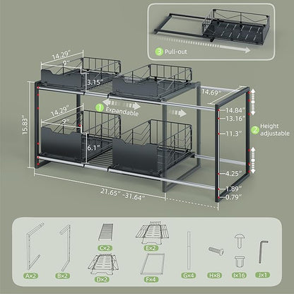 NETEL Adjustable Under Sink Organizers and Storage,Expandable Cabinet Storage Shelf with 4 Pull Out Baskets