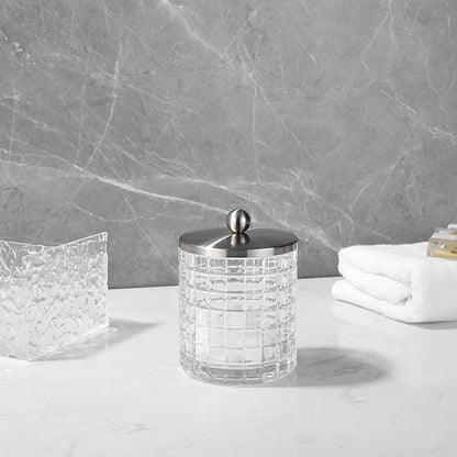 Indecor Home Clear transparent Apothecary Etched Geometric Grid Glass Jar W/Satin Nickel Metal Lid Cover for Bathroom Organization, Cotton Balls, Q Tips, and Small Accessories, Bathroom Storage