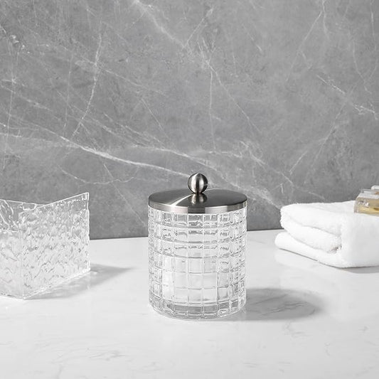 Indecor Home Clear transparent Apothecary Etched Geometric Grid Glass Jar W/Satin Nickel Metal Lid Cover for Bathroom Organization, Cotton Balls, Q Tips, and Small Accessories, Bathroom Storage