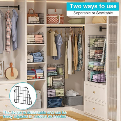 4-Tier Closet Organizers and Storage Shelves with Divider, Stackable Closet Shelf Organizer Basket Bins, Clothing Sweaters Storage Container for Wardrobe Cupboard, Black