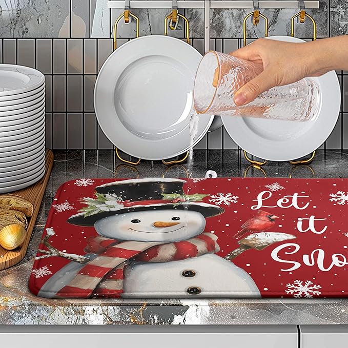 Wnoesat Snowman Christmas Dish Drying Mat Winter Drying Mats for Kitchen Counter Xmas Holiday Red Dish Draining Mat Microfiber Absorbent Reusable Dish Rack Pad 18x24 Inch