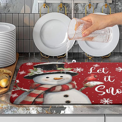 Wnoesat Snowman Christmas Dish Drying Mat Winter Drying Mats for Kitchen Counter Xmas Holiday Red Dish Draining Mat Microfiber Absorbent Reusable Dish Rack Pad 18x24 Inch