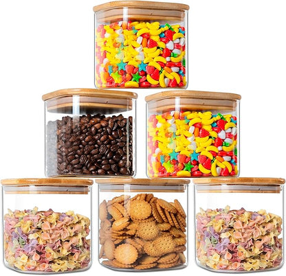 YUNCANG Glass Storage Jars 27oz [Set of 6],Clear Glass Food Storage Containers with Airtight Bamboo Lid Stackable Kitchen Canisters for Candy,Cookie,Rice,Sugar,Flour,Pasta(Square)