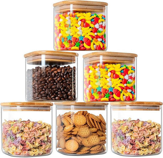 YUNCANG Glass Storage Jars 27oz [Set of 6],Clear Glass Food Storage Containers with Airtight Bamboo Lid Stackable Kitchen Canisters for Candy,Cookie,Rice,Sugar,Flour,Pasta(Square)