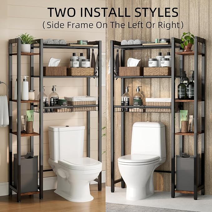 NEHAJUNXI Over The Toilet Storage with Side Rack, 7-Tier Bathroom Organizer with Adjustable Shelf & Drain Basket & 4 Hooks, Freestanding Space Saver for Balcony, Laundry (Vintage Brown)