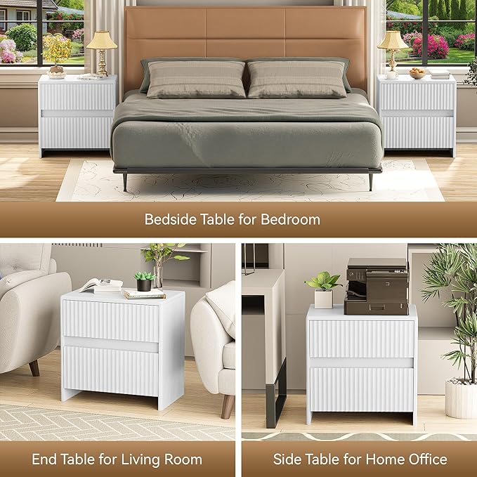 HOCAT Fluted Nightstand, 23" Wide Bedside Table with 2 Storage Drawers, Modern Night Stand for Bedroom, White