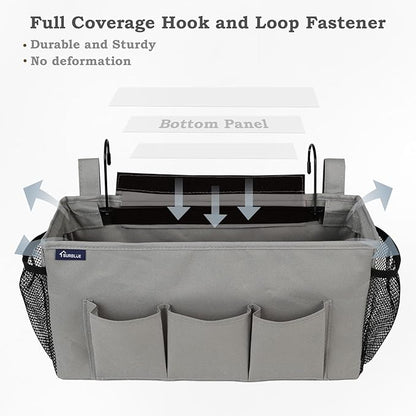 Surblue Bedside Organizer with Hook Caddy Hanging Storage Bag with Adjustable Straps and Water Bottle Holder for Home, College Dorm, Hospital Bed, Grey, 2PCS