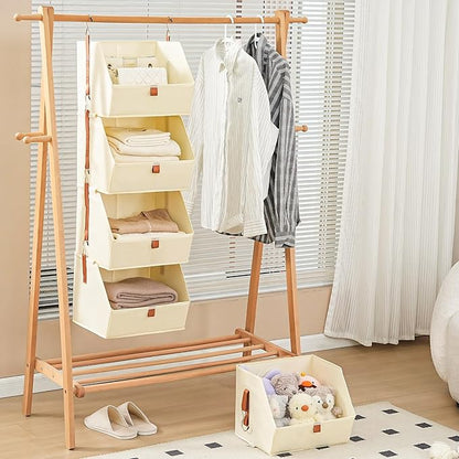 4 Tier Hanging Closet Organizer,Disassemblable Clothes Hanging Shelves,Fabric Closet Organizer System for Space-Saving,Foldable Storage Basket for Bedroom, Rv (2 Pack,Beige)
