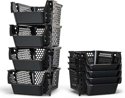 Skywin TidyFriend Stackable Storage Bins for Pantry, 4 Pack Stackable Bins for Organizing Snacks, Toiletries, and Small Essentials (Black)